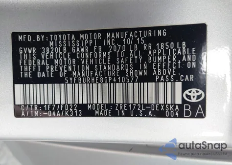 2016 Toyota Corolla S Plus из США, поврежденный, VIN 5YFBURHE8GP410577